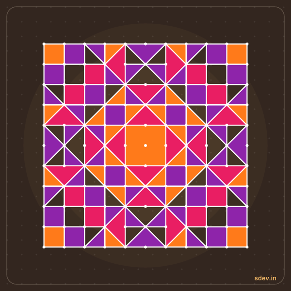 Pulli Rangoli, 11 - 11 straight dots, No. 101: finished kolam design