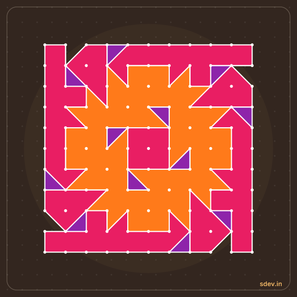 Pulli Rangoli, 11 - 11 straight dots, No. 102: finished kolam design