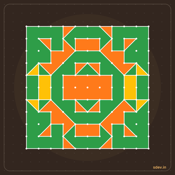 Pulli Rangoli, 11 - 11 straight dots, No. 103: finished kolam design