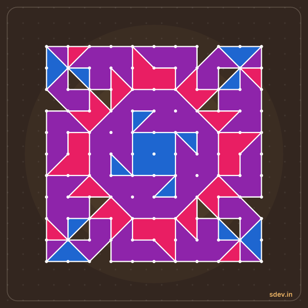 Pulli Rangoli, 11 - 11 straight dots, No. 107: finished kolam design