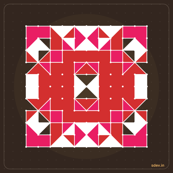 Pulli Rangoli, 11 - 11 straight dots, No. 113: finished kolam design