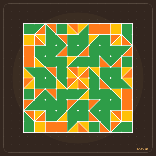 Pulli Rangoli, 11 - 11 straight dots, No. 115: finished kolam design