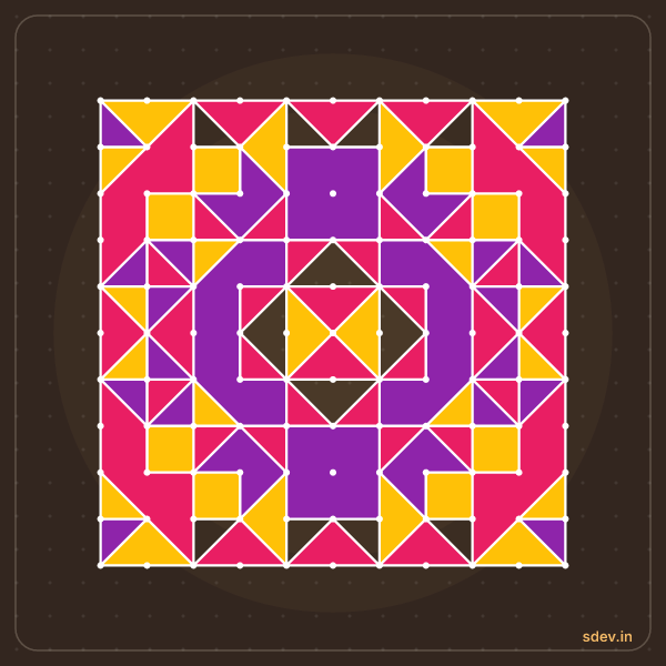 Pulli Rangoli, 11 - 11 straight dots, No. 125: finished kolam design