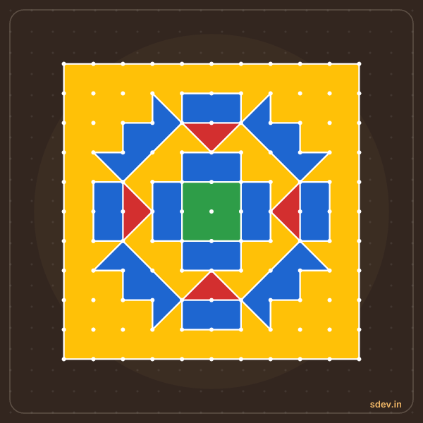 Pulli Rangoli, 11 - 11 straight dots, No. 127: finished kolam design