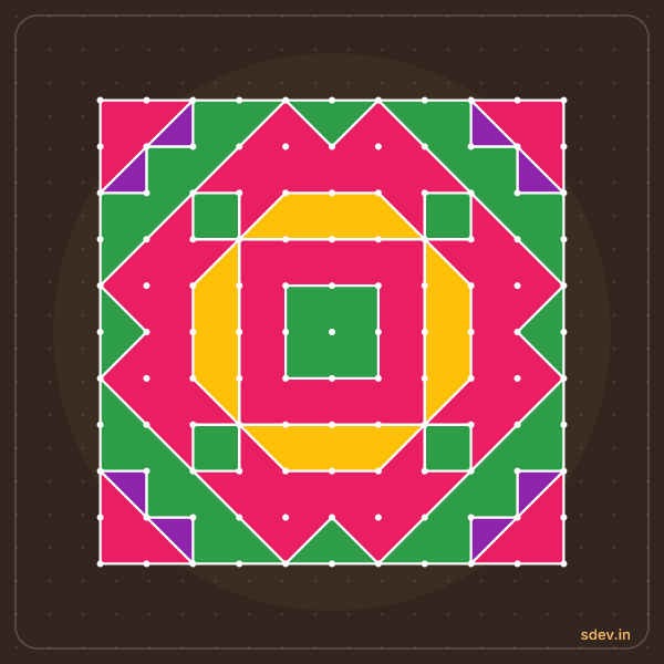 Pulli Rangoli, 11 - 11 straight dots, No. 128: finished kolam design