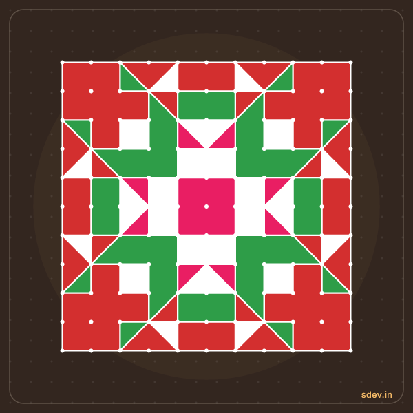 Pulli Rangoli, 11 - 11 straight dots, No. 142: finished kolam design