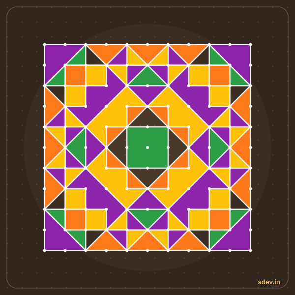 Pulli Rangoli, 11 - 11 straight dots, No. 162: finished kolam design