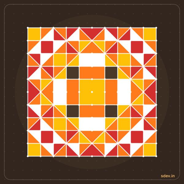 Pulli Rangoli, 11 - 11 straight dots, No. 164: finished kolam design