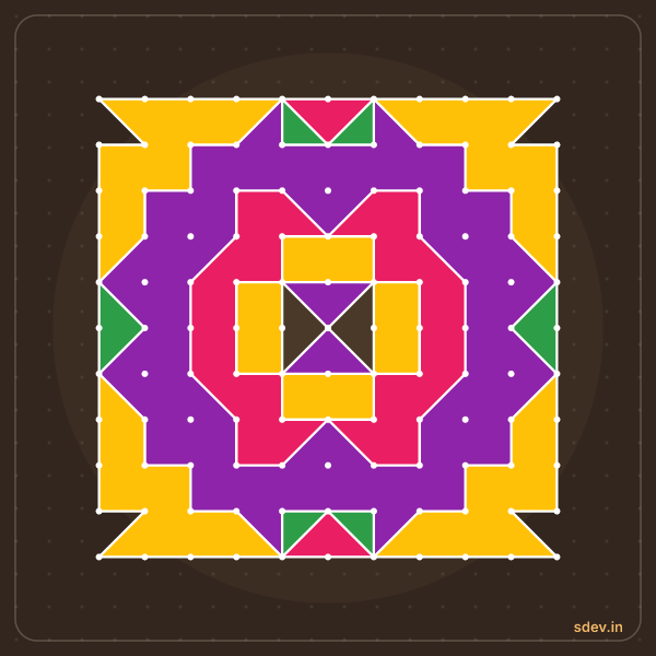 Pulli Rangoli, 11 - 11 straight dots, No. 165: finished kolam design