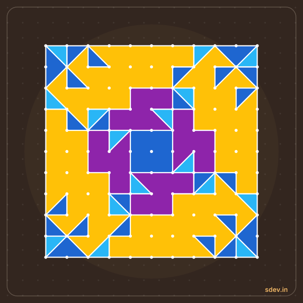 Pulli Rangoli, 11 - 11 straight dots, No. 166: finished kolam design