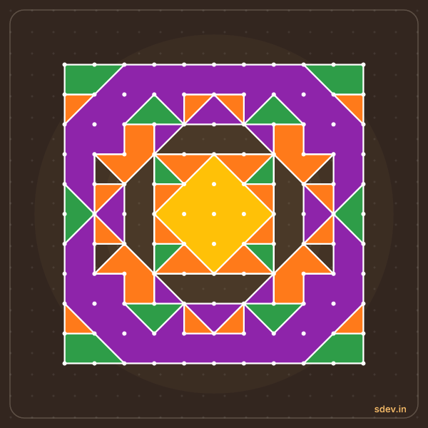 Pulli Rangoli, 11 - 11 straight dots, No. 167: finished kolam design