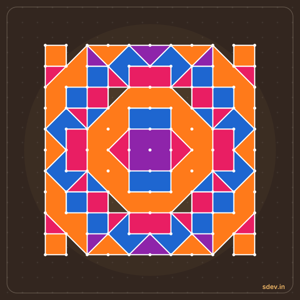 Pulli Rangoli, 11 - 11 straight dots, No. 172: finished kolam design