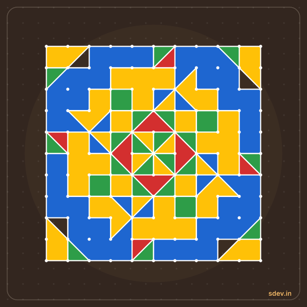Pulli Rangoli, 11 - 11 straight dots, No. 174: finished kolam design