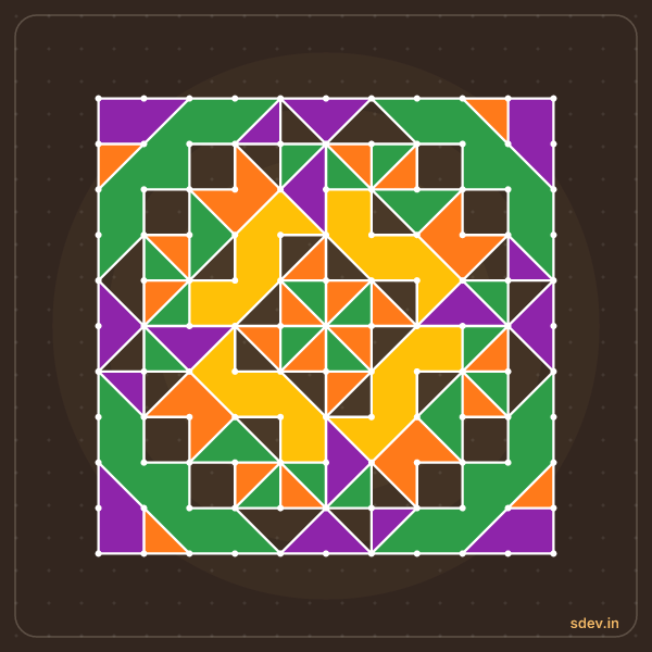 Pulli Rangoli, 11 - 11 straight dots, No. 187: finished kolam design