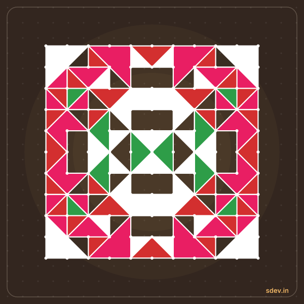 Pulli Rangoli, 11 - 11 straight dots, No. 189: finished kolam design