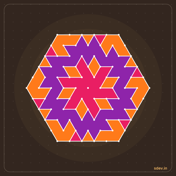 Pulli Rangoli, 11 - 6 interlaced dots, No. 93: finished kolam design