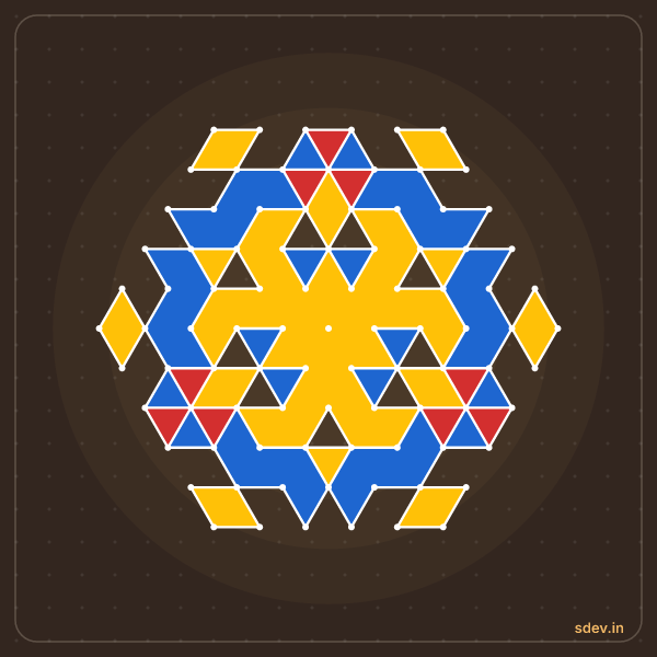 Pulli Rangoli, 11 - 6 interlaced dots, No. 98: finished kolam design