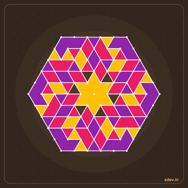 Pulli Rangoli, 11 - 6 interlaced dots, No. 108: finished kolam design