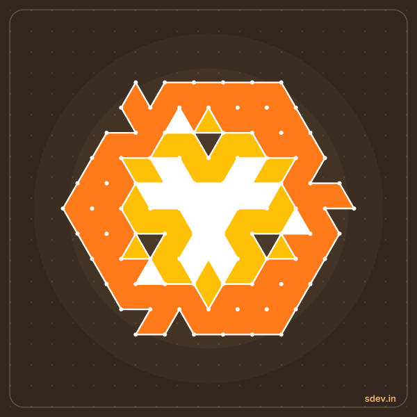 Pulli Rangoli, 11 - 6 interlaced dots, No. 111: finished kolam design