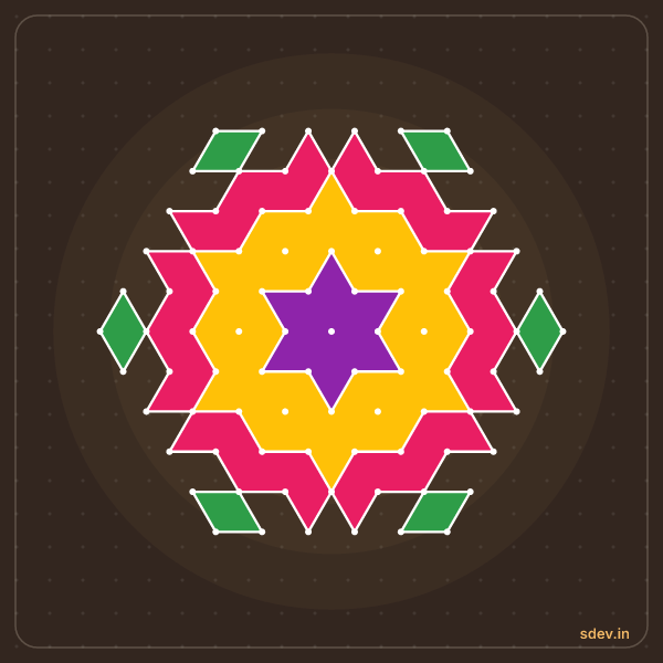 Pulli Rangoli, 11 - 6 interlaced dots, No. 127: finished kolam design