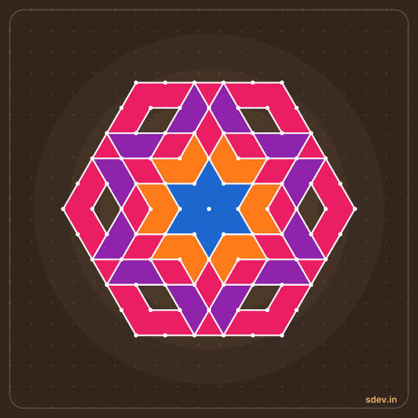 Pulli Rangoli, 11 - 6 interlaced dots, No. 135: finished kolam design