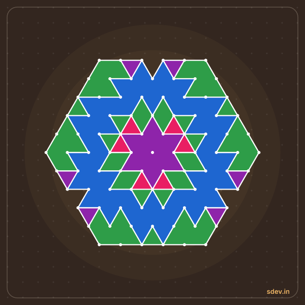 Pulli Rangoli, 11 - 6 interlaced dots, No. 157: finished kolam design