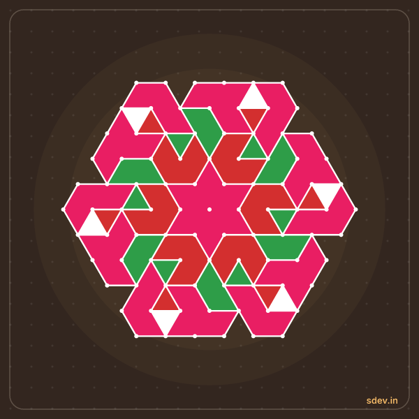 Pulli Rangoli, 11 - 6 interlaced dots, No. 158: finished kolam design