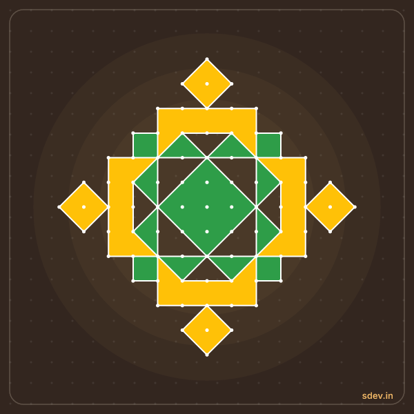 Pulli Rangoli, 13 - 1 straight dots, No. 4: finished kolam design
