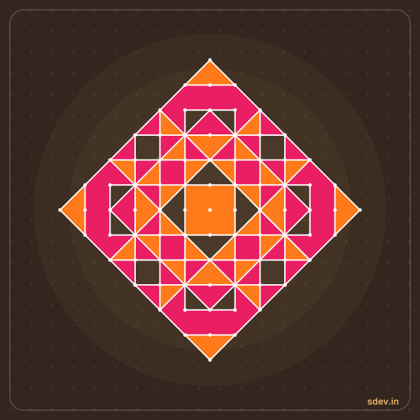 Pulli Rangoli, 13 - 1 straight dots, No. 38: finished kolam design