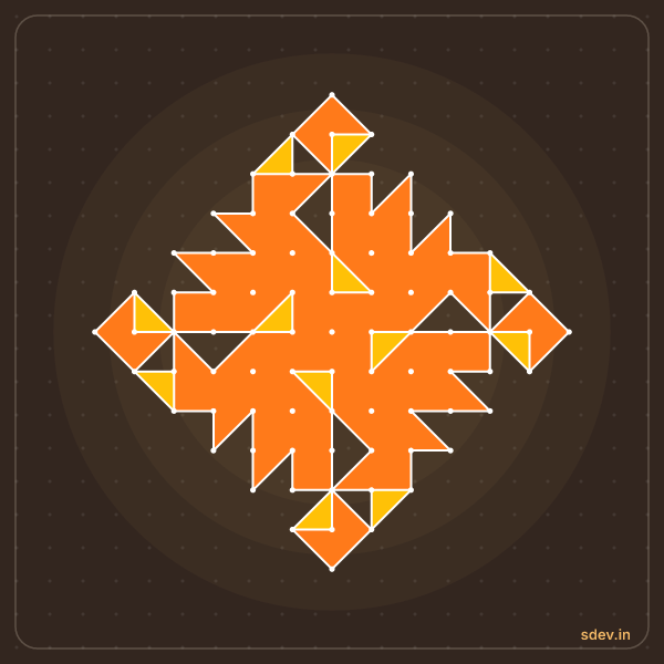 Pulli Rangoli, 13 - 1 straight dots, No. 40: finished kolam design