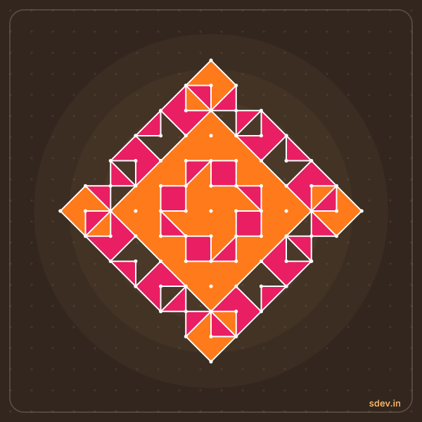 Pulli Rangoli, 13 - 1 straight dots, No. 56: finished kolam design