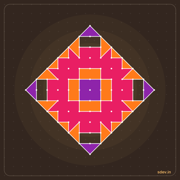 Pulli Rangoli, 13 - 1 straight dots, No. 65: finished kolam design
