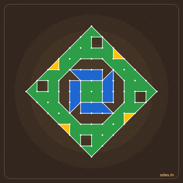 Pulli Rangoli, 13 - 1 straight dots, No. 102: finished kolam design