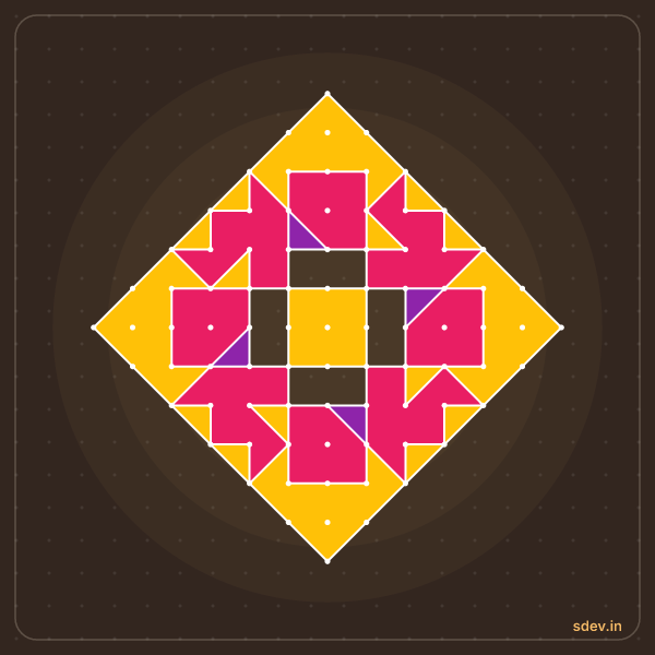 Pulli Rangoli, 13 - 1 straight dots, No. 103: finished kolam design