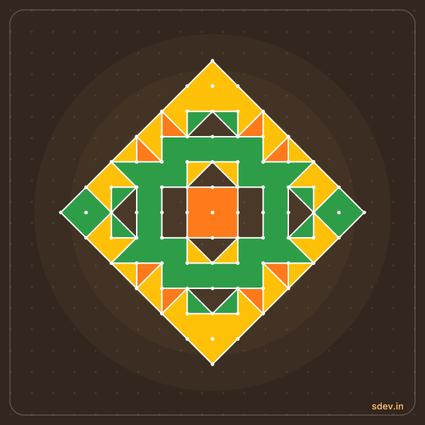 Pulli Rangoli, 13 - 1 straight dots, No. 109: finished kolam design