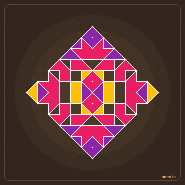 Pulli Rangoli, 13 - 1 straight dots, No. 114: finished kolam design