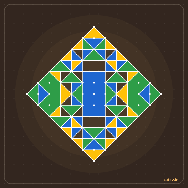 Pulli Rangoli, 13 - 1 straight dots, No. 125: finished kolam design