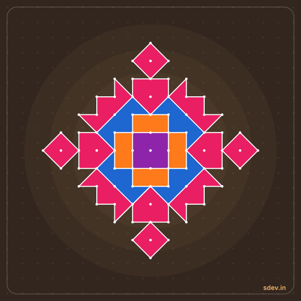 Pulli Rangoli, 13 - 1 straight dots, No. 127: finished kolam design