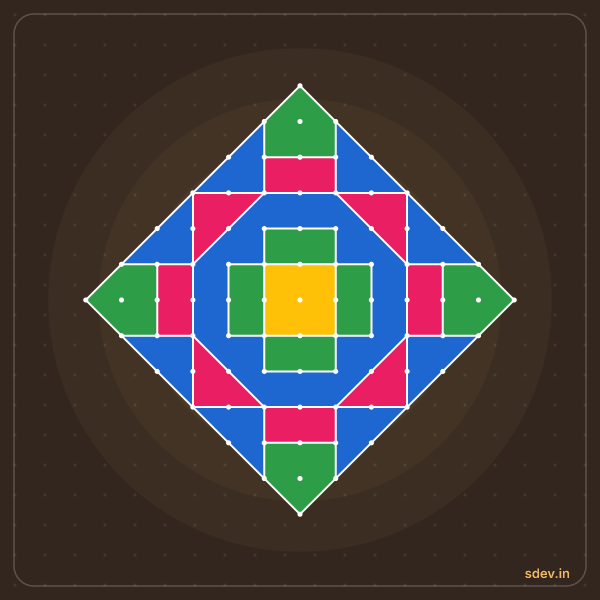 Pulli Rangoli, 13 - 1 straight dots, No. 128: finished kolam design