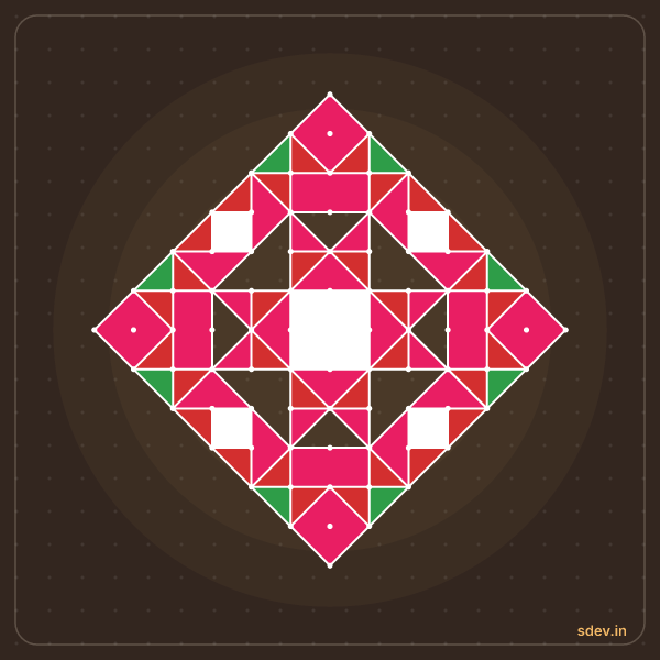 Pulli Rangoli, 13 - 1 straight dots, No. 162: finished kolam design