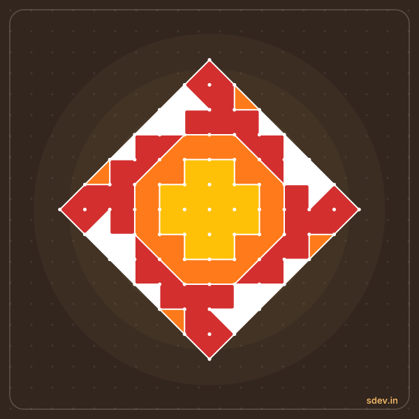 Pulli Rangoli, 13 - 1 straight dots, No. 165: finished kolam design