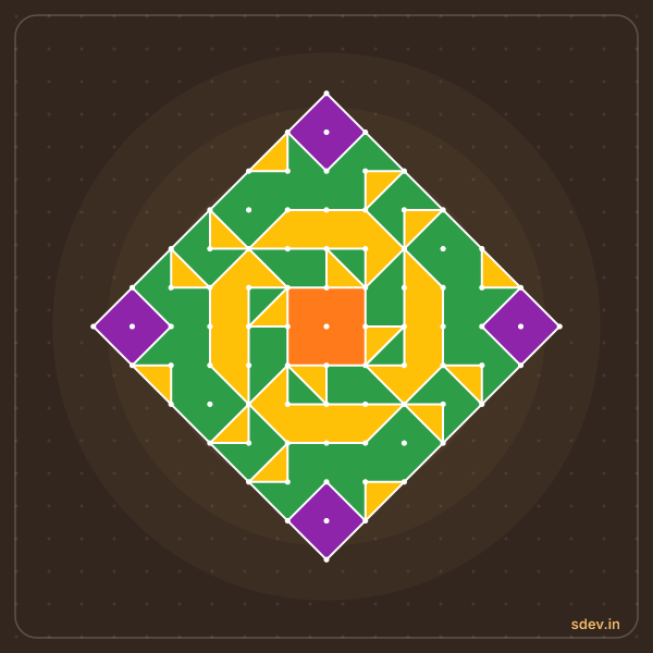 Pulli Rangoli, 13 - 1 straight dots, No. 167: finished kolam design