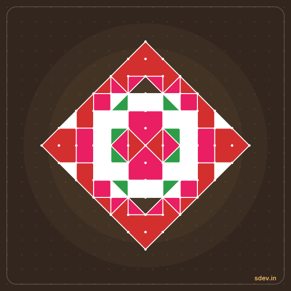 Pulli Rangoli, 13 - 1 straight dots, No. 173: finished kolam design