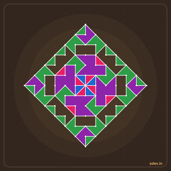 Pulli Rangoli, 13 - 1 straight dots, No. 177: finished kolam design