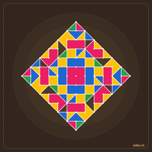 Pulli Rangoli, 13 - 1 straight dots, No. 188: finished kolam design