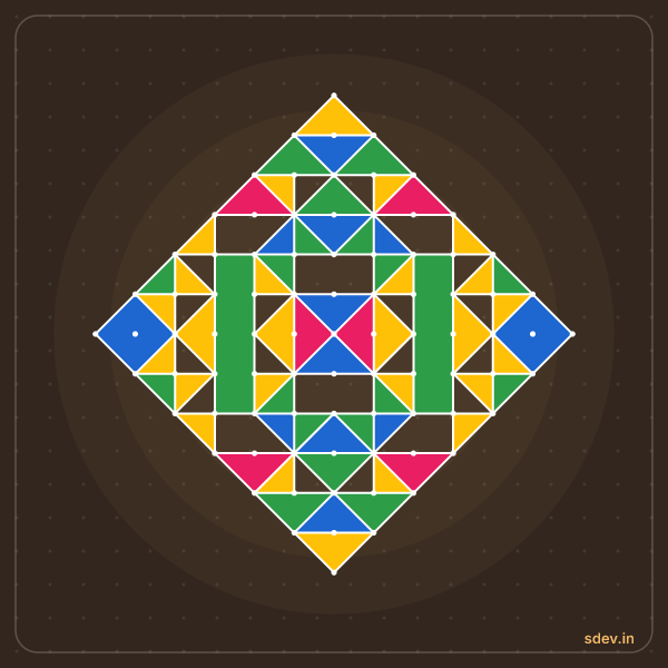 Pulli Rangoli, 13 - 1 straight dots, No. 189: finished kolam design