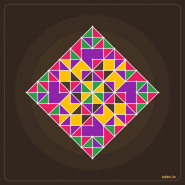 Pulli Rangoli, 13 - 1 straight dots, No. 190: finished kolam design