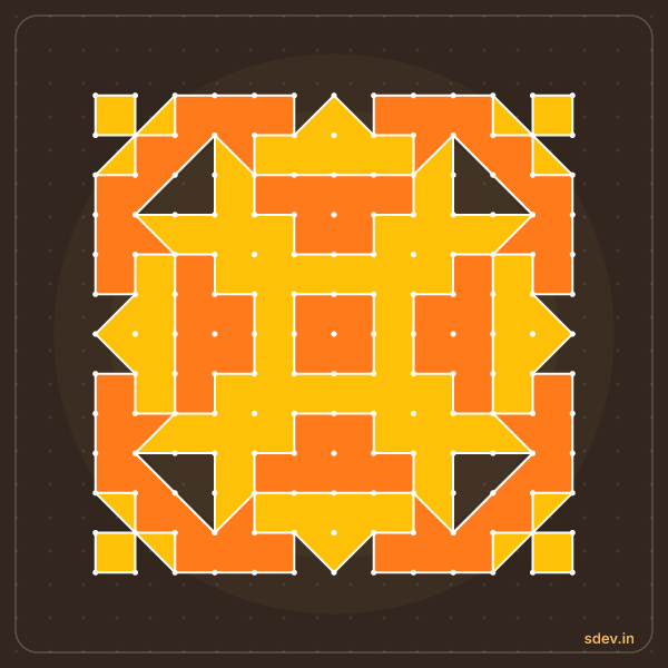 Pulli Rangoli, 13 - 13 straight dots, No. 1: finished kolam design