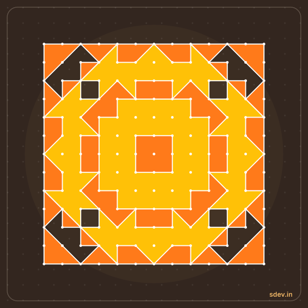 Pulli Rangoli, 13 - 13 straight dots, No. 3: finished kolam design
