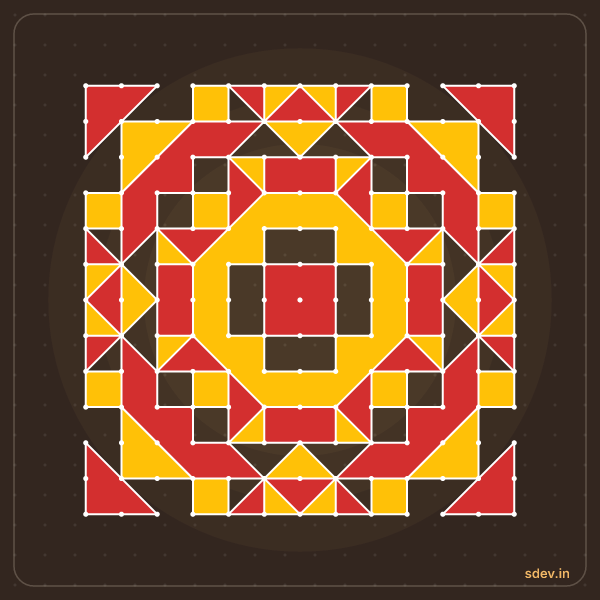 Pulli Rangoli, 13 - 13 straight dots, No. 33: finished kolam design